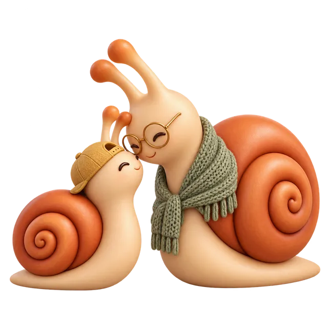 Familial’s young and older snail characters sharing a cuddle